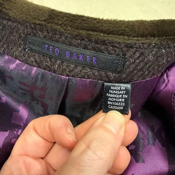 Ted Baker London Men’s Brown Herringbone Overcoat Velvet Collar Lined Coat Small - Picture 8 of 8